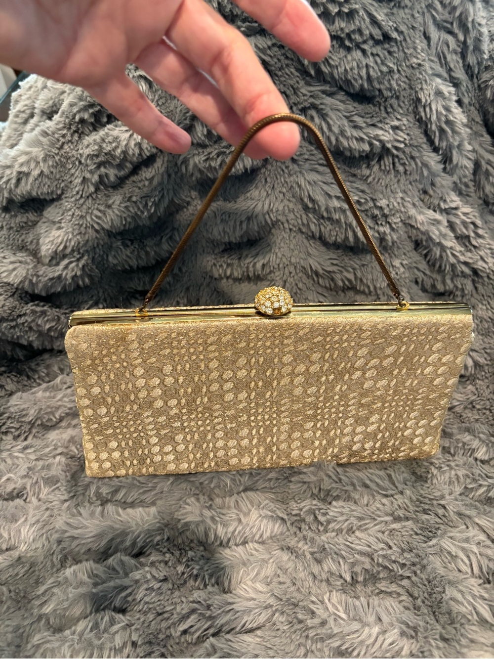 Vintage Bobbie Jerome Textured Gold Evening Clutch with Crystal Kiss Lock